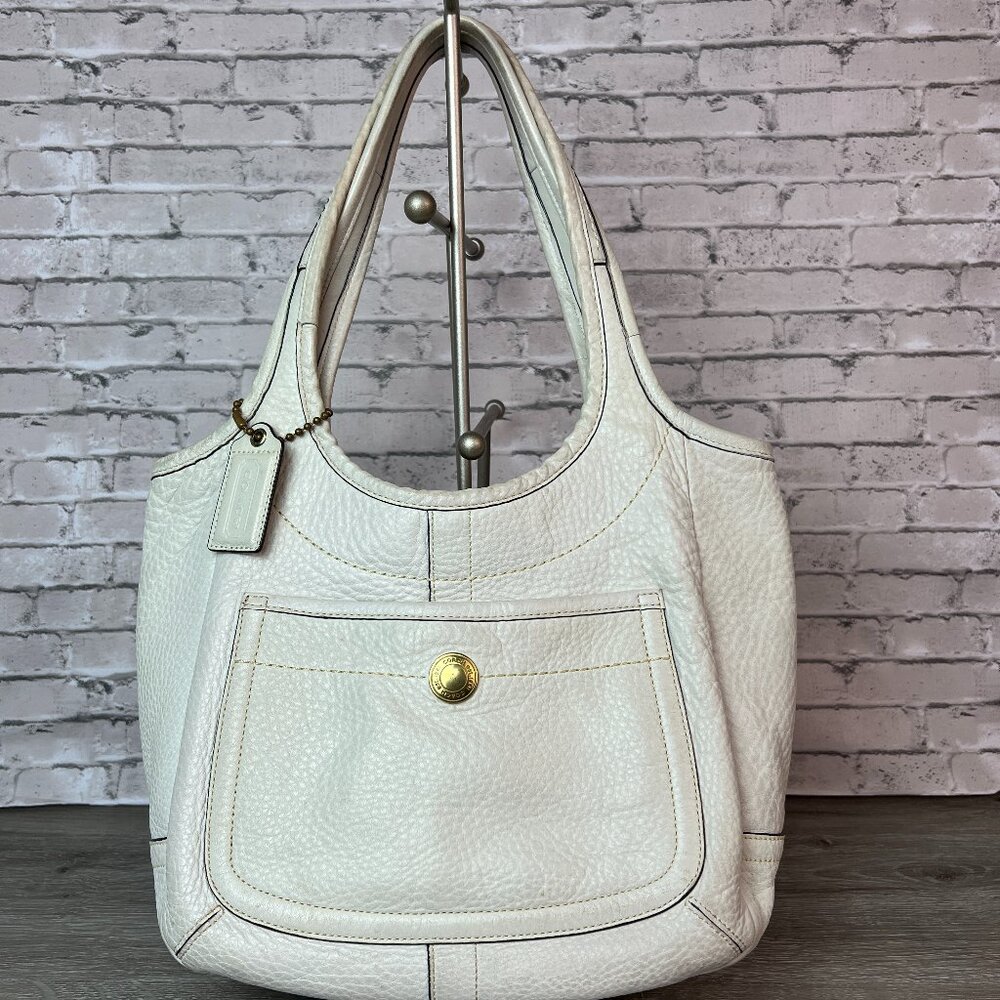 Coach Purse 11615 Ergo White Pebble Leather Legacy Stripe Lining Tote Bag